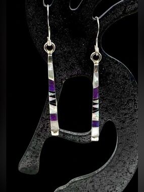 Native American Sterling Silver Lab Opal Purple Turquoise Inlay Dangle Earrings
